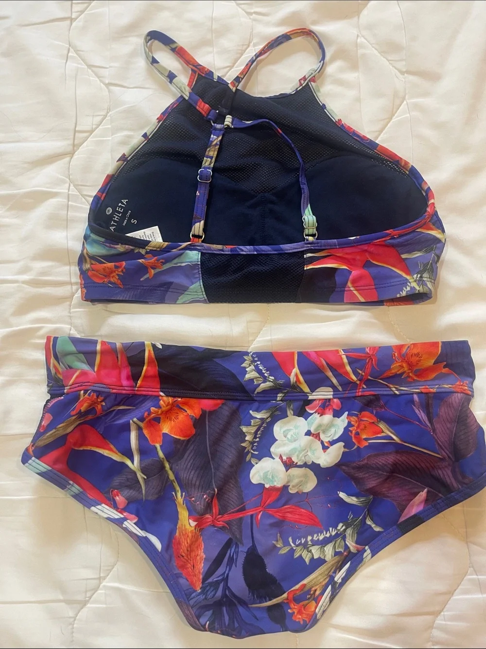 Athleta women’s Floral High-Neck Bikini in Navy with Multicolor Print